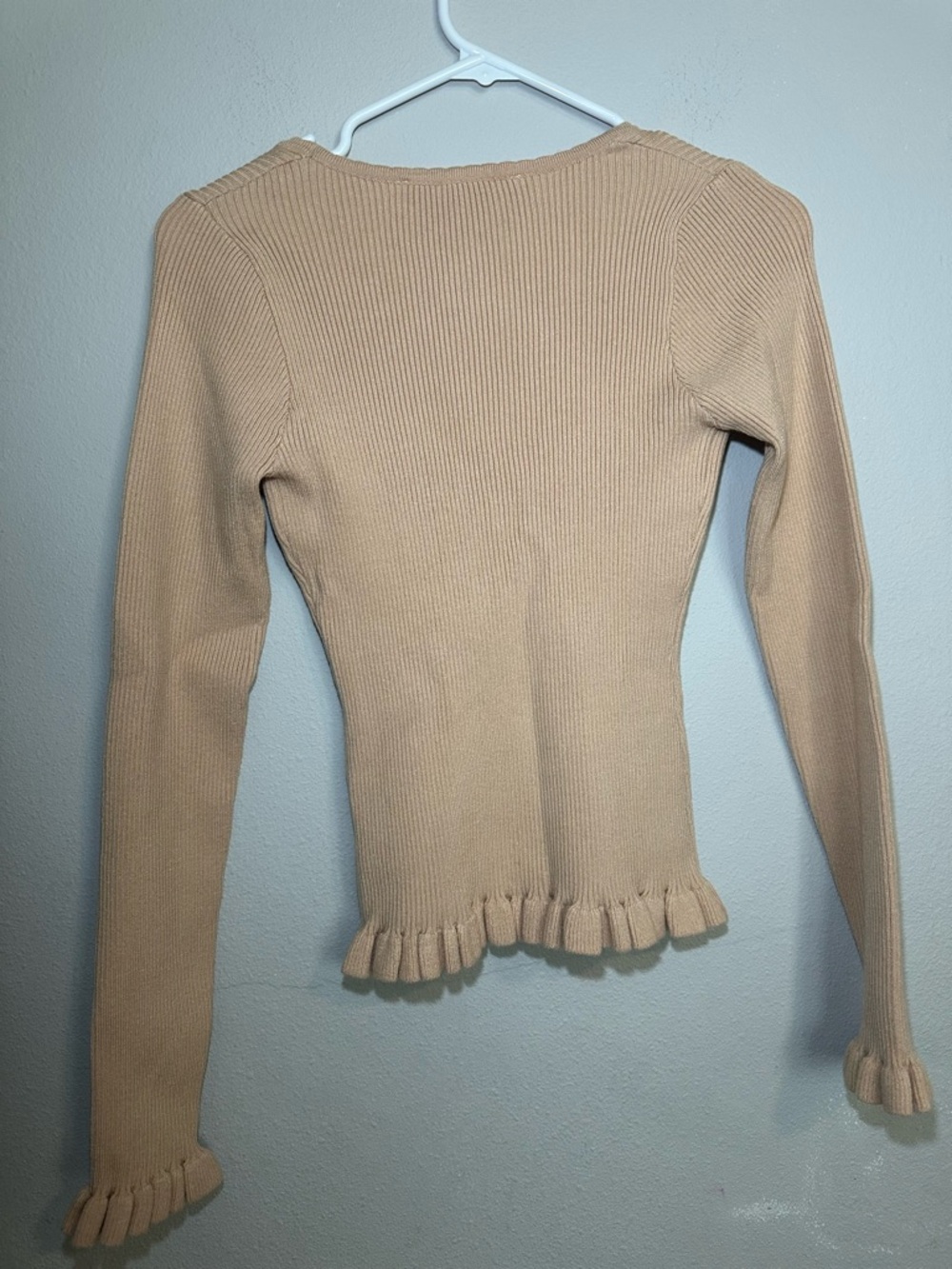 Altar'd State Tan Ribbed Button-Front Ruffle Hem Top - Picture 6 of 7